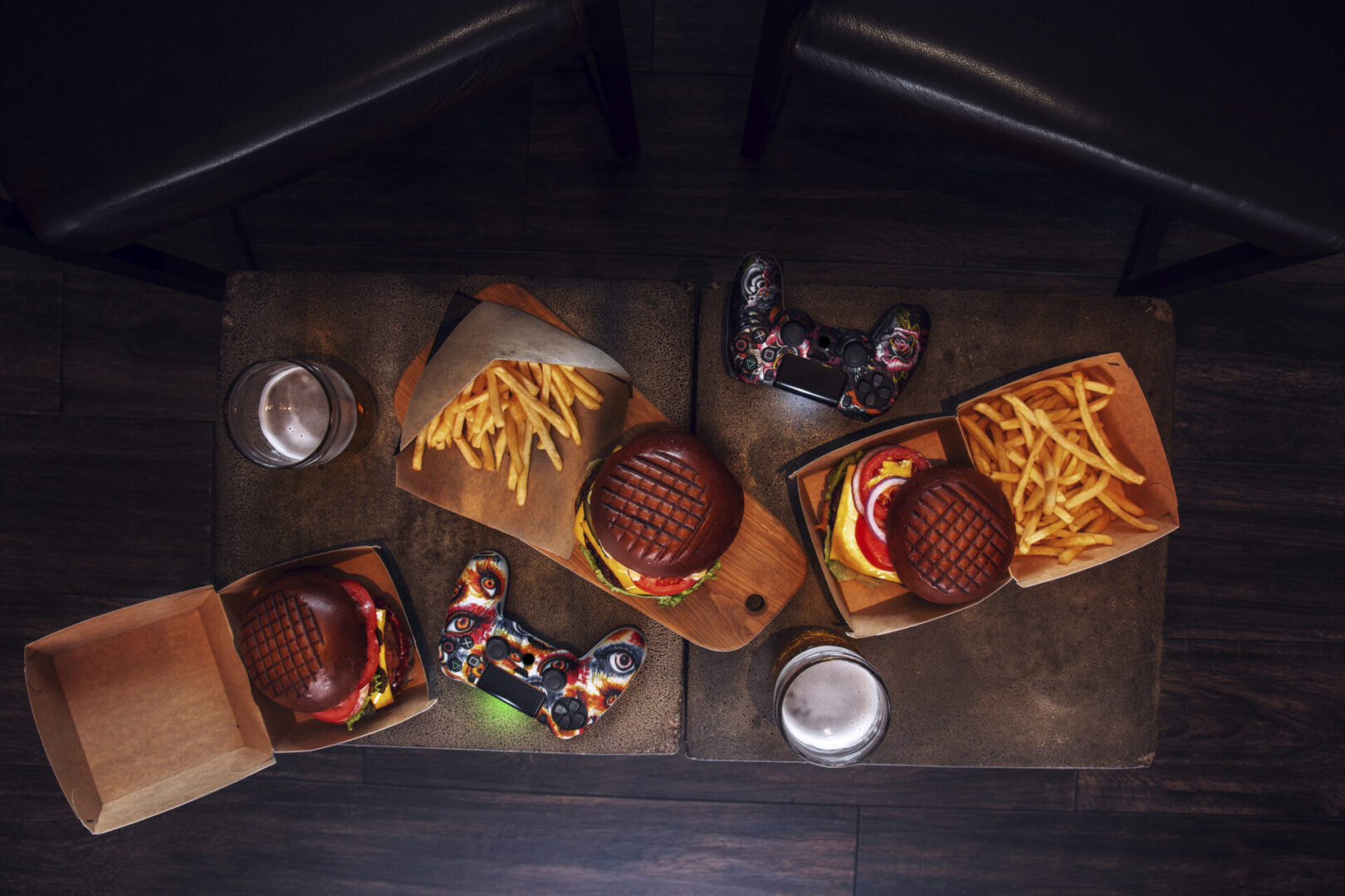 Burgers and fries with gaming controllers